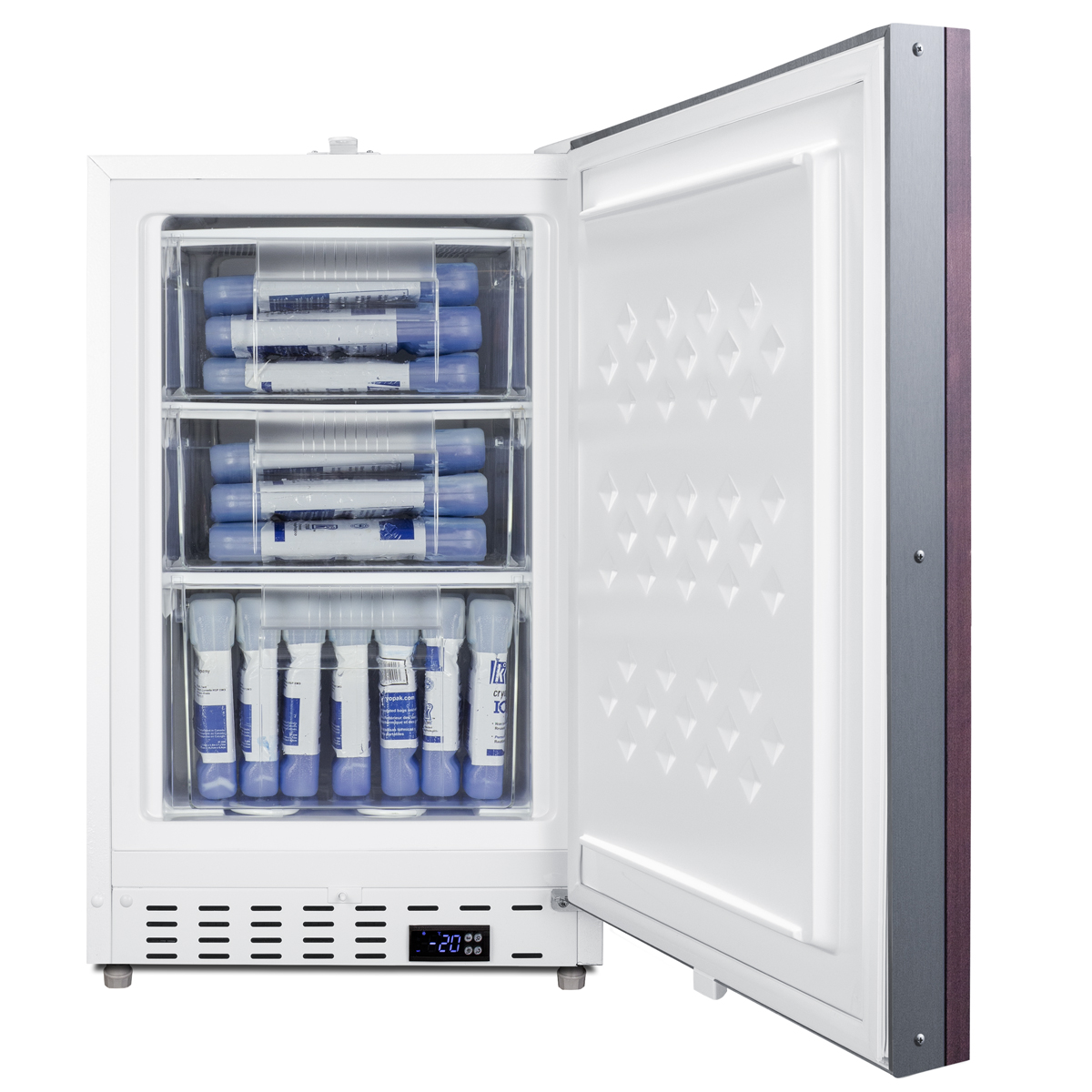 Built-in undercounter -25 C ADA compliant all-freezer with panel-ready door, factory installed lock, digital controls, interior baskets, hospital cord with 'green dot' plug, access port, and manual defrost operation